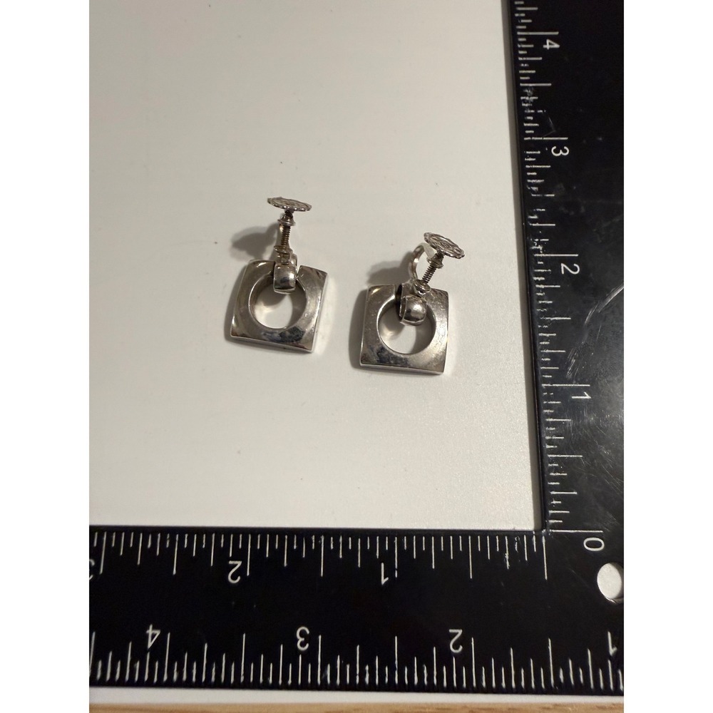 Vintage Silver Tone Geometric Square Cutout Screw Back Earrings Minimalist‎